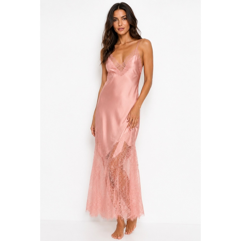 Victorias Secret Pink Satin Lace Maxi Slip Dress Cross Back Nightgown M NWT